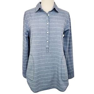 Columbia Shirt Blue Gray Striped Half Button Front Longsleeve Side Pockets Sz M